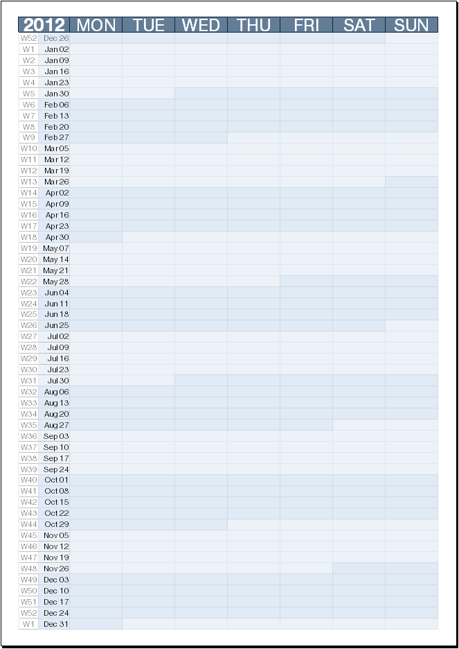 Year planner as printed